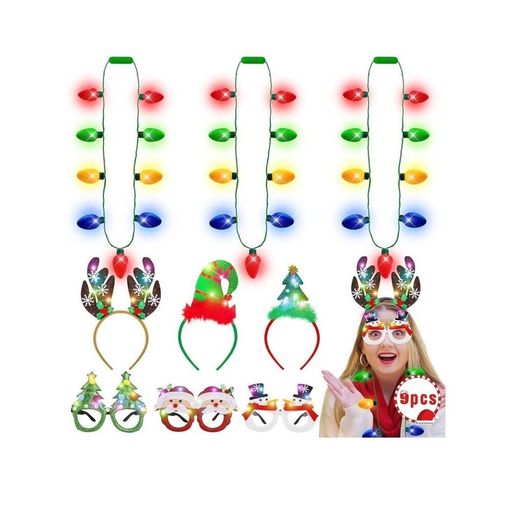 NEW 9PCS Christmas Party Favors Light Up Necklace Headband Glasses Set